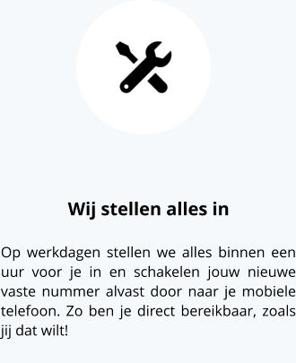 Wij stellen alles in Op werkdagen stellen we alles binnen een uur voor je in en schakelen jouw nieuwe vaste nummer alvast door naar je mobiele telefoon. Zo ben je direct bereikbaar, zoals jij dat wilt!